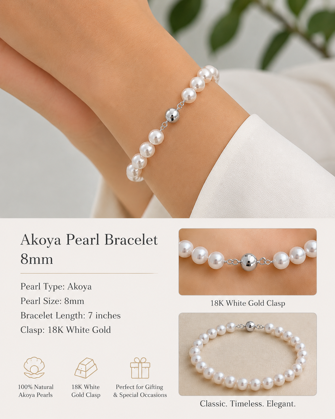 18K White Akoya Pearl Bracelet 8mm
