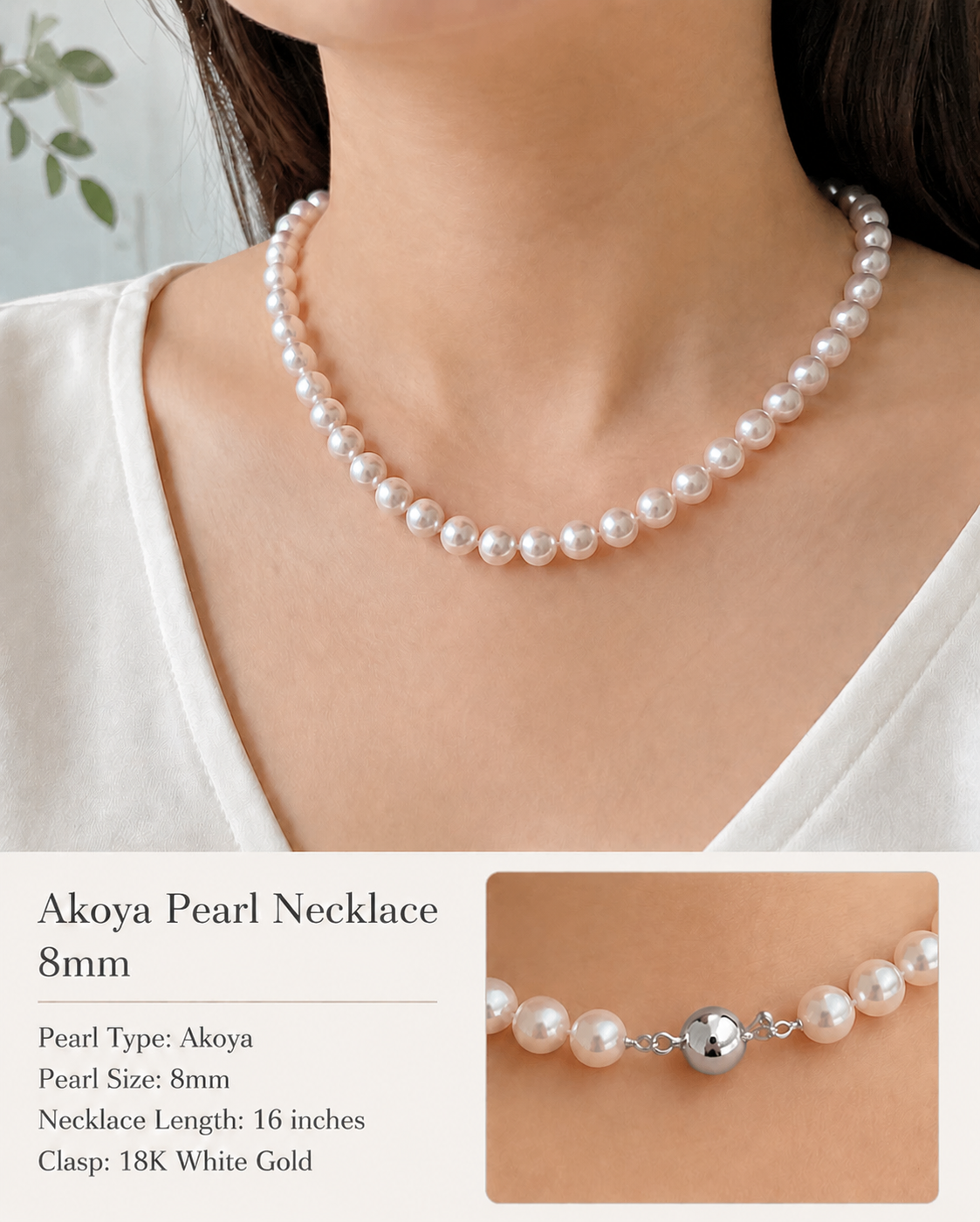 18K White Akoya Pearl Necklace 8mm