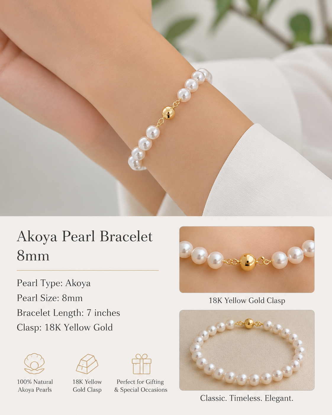 18K Yellow Akoya Pearl Bracelet 8mm