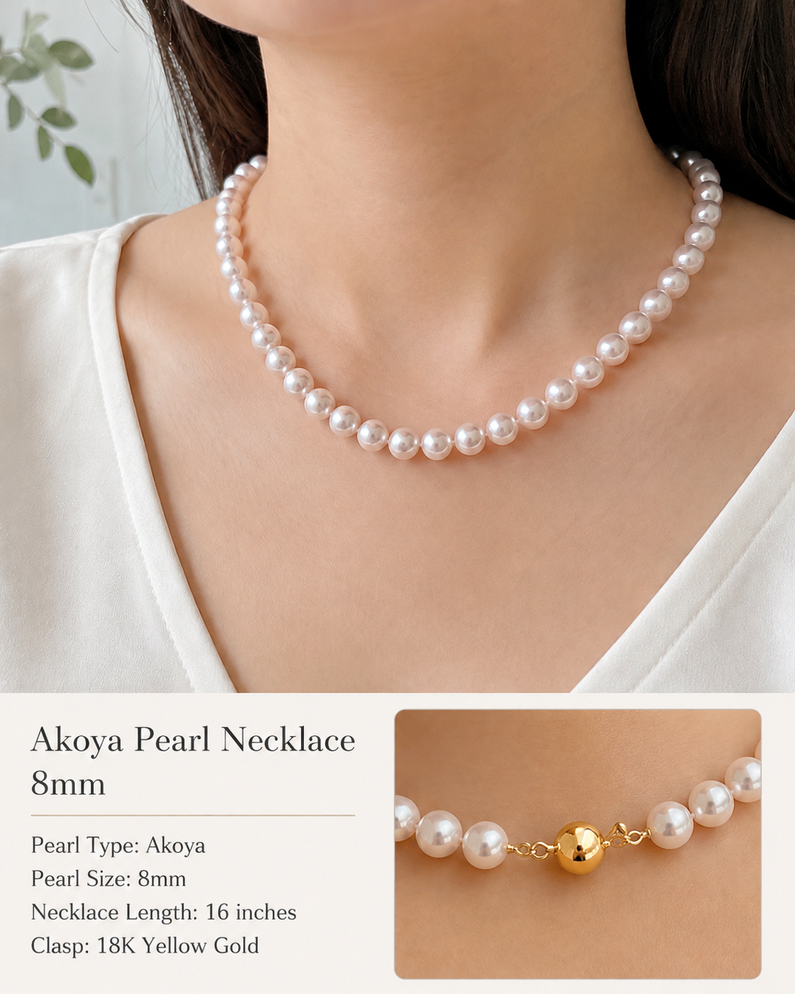 18K Yellow Akoya Pearl Necklace 8mm